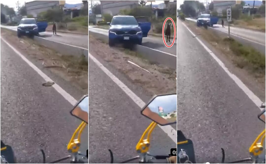 Ataque armado a familia en Cuernavaca. En la imagen, una niña con herida de bala y vestida con su uniforme pide ayuda a un motociclista. Foto: Especial