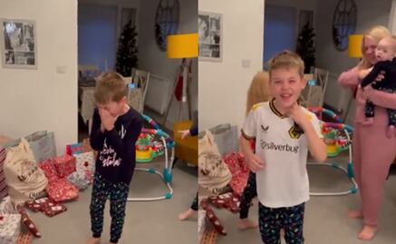 Aficionado de Wolves llora al ver que Santa Claus le trajo el jersey de Raúl Jiménez 