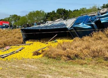Vuelca camión con 15 toneladas de naranja en Tamaulipas; muere un trabajador y 11 resultan lesionados