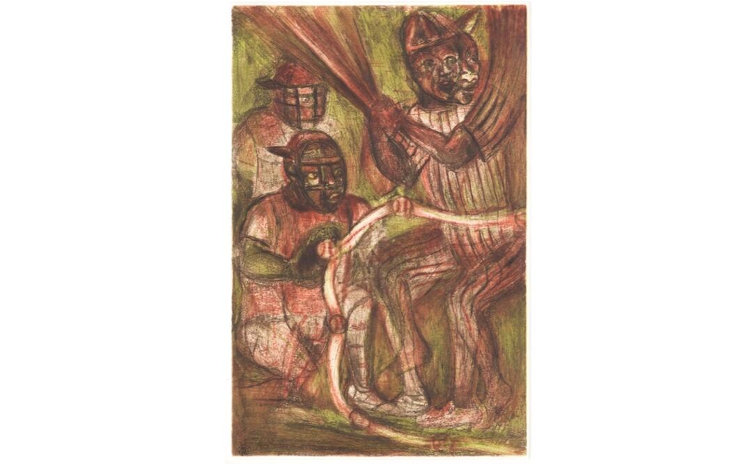 "Tres beisbolistas", último grabado que Francisco Toledo entregó a la galería. Foto: Cortesía Amigos del IAGO