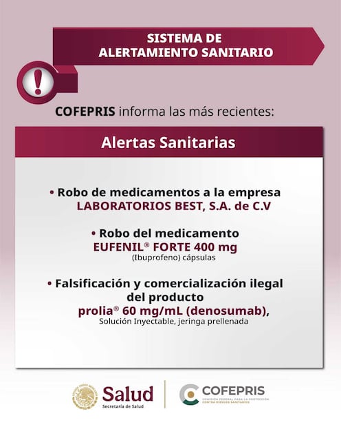 Cofepris emite tres alertas sanitarias en medicamentos (25/03/2026). Foto: Especial