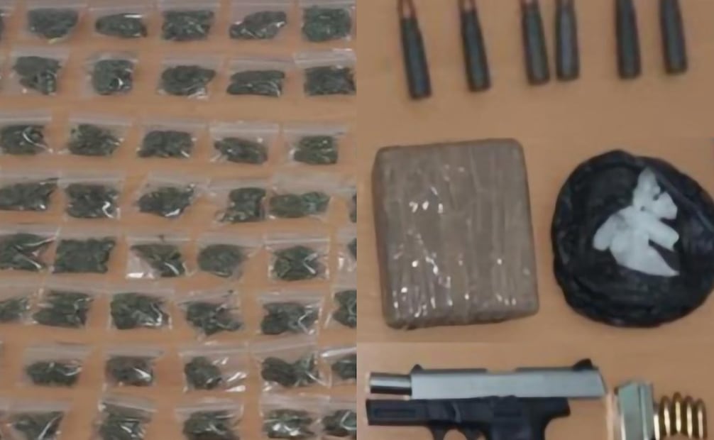 Durante la inspección, les aseguraron dosis de marihuana y de metanfetamina, así como un arma de fuego corta. Fotos: Especiales