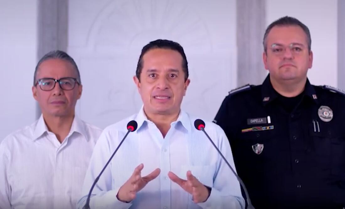 Al centro el gobernador de Quintana Roo, Carlos Joaquín González brinda su primer mensaje sobre acciones, avances y temas en materia de seguridad (ESPECIAL)