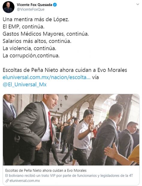 Acusa Vicente Fox a AMLO de mentir sobre Estado Mayor