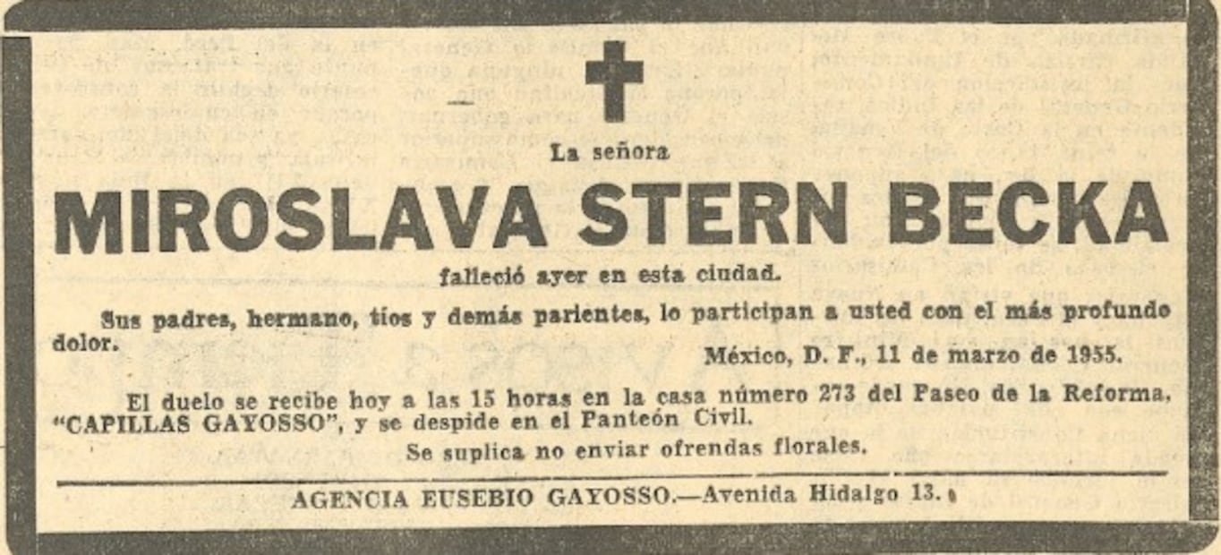 Estela publicada en EL UNIVERSAL en marzo de 1955 por la muerte de la actriz Miroslava Stern.