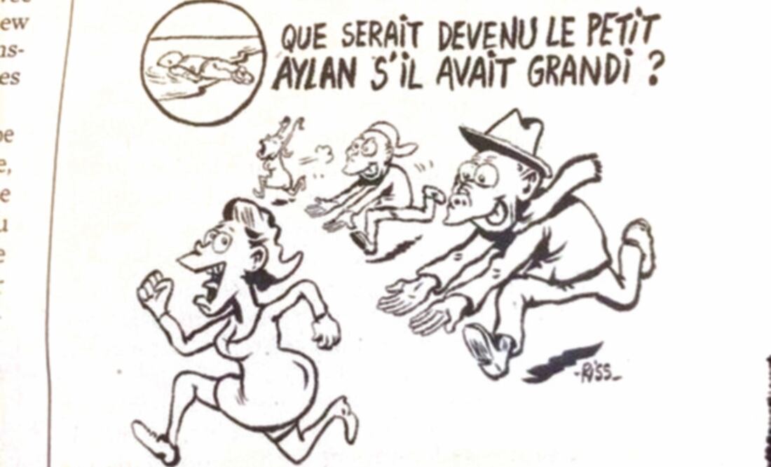 “¿Qué hubiera sido del pequeño Aylan si hubiera crecido? Acosador de mujeres en Alemania”, dice el dibujo (FOTO TOMADA DE TWITTER)