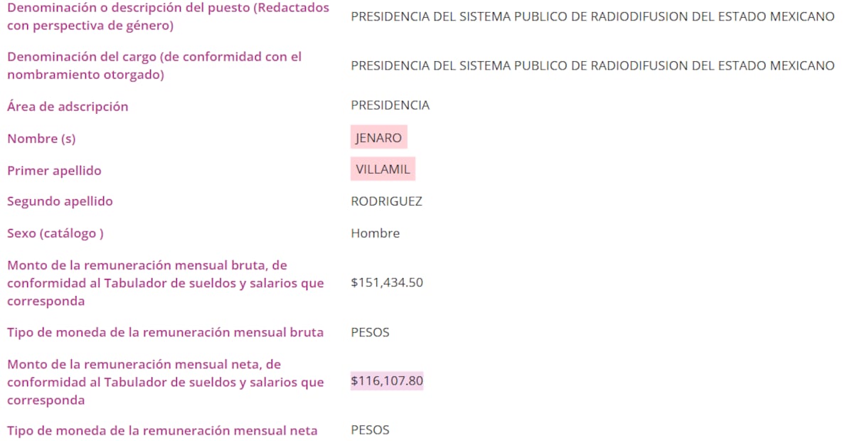Sueldo de Jenaro Villamil en la Plataforma Nacional de Transparencia. Foto: PNT