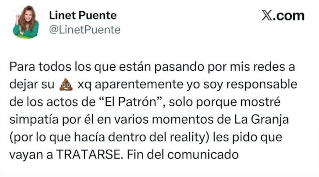 Linet Puente responde a los señalamientos en redes en su contra por su simpatía con "El Patrón" durante "La Granja".