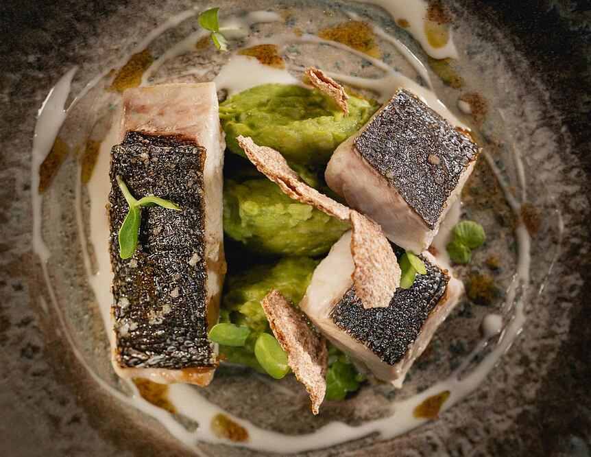 Róbalo a baja temperatura con risotto de hinojo, cremoso de papa y algas y toques de aceituna Kalamata. Fotos: Cortesía de Mía Tulum