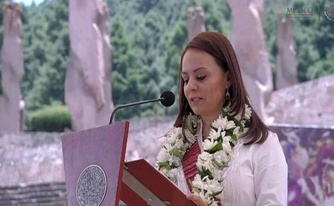 Nuvia Mayorga, directora de la CDI, durante su participación en la ceremonia por el Día Internacional de los Pueblos Indígenas. (Foto: @PresidenciaMX)