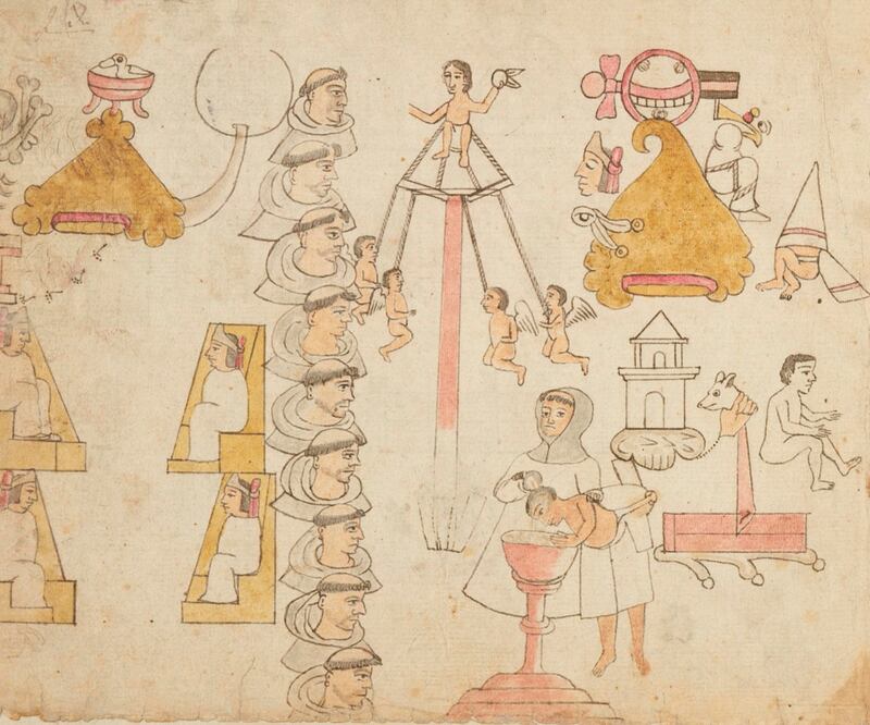 Fragmento del Códice Azcatitlán en el que se representó a los 12 frailes franciscanos que  llegaron a la Nueva España en 1524.CORTESÍA DE LA BIBLIOTECA DIGITAL MUNDIAL