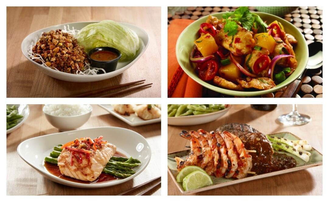 Platillos de izquierda a derecha: P.F. Famous Chicken Lettuce Wraps, Caramel Mango Chicken, Asian Grilled Salmon, NY Steak & Shrimp (Foto: cortesía P.F. Chang´s)