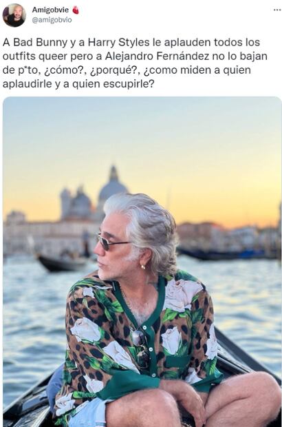 “A Bad Bunny y a Harry Styles le aplauden outfits queer pero a Alejandro Fernández lo critican": usuarios en redes