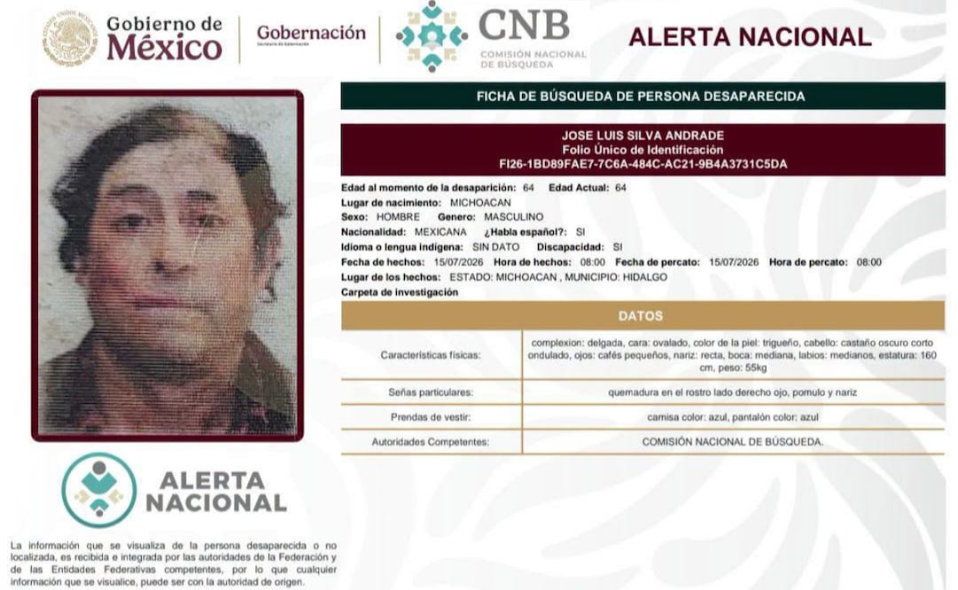 Ficha de búsqueda de José Luis Silva Andrade, defensor ambiental en Michoacán desaparecido. Foto: Comisión Nacional de Búsqueda (CNB).