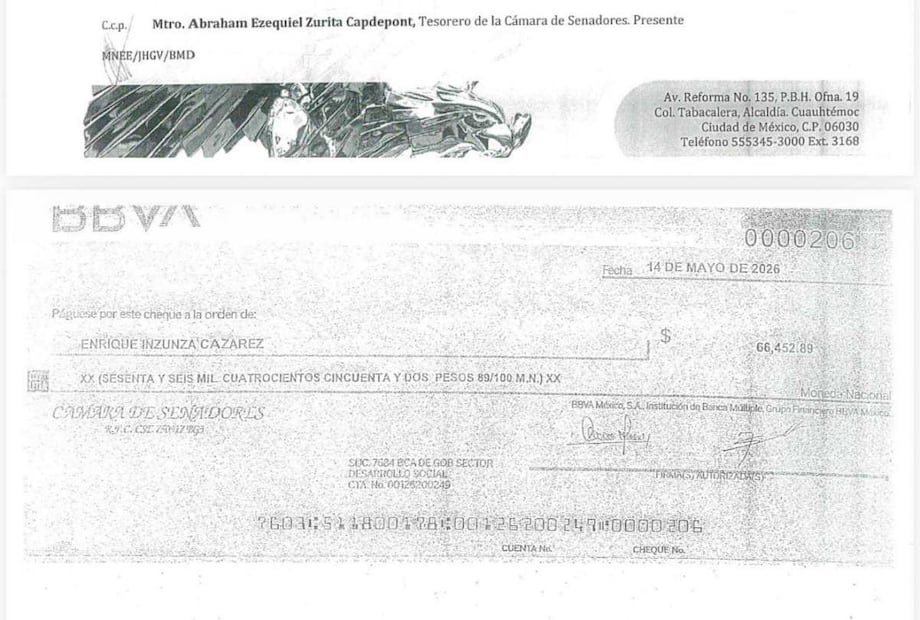 Cheques para pagarle a Enrique Inzunza. Foto: Transparencia