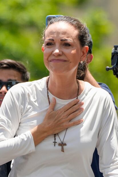 La lideresa de la oposición María Corina Machado, durante una manifestación para protestar por los resultados oficiales que declararon al presidente Nicolás Maduro ganador de las elecciones presidenciales del mes pasado, en Caracas. Foto: AFP