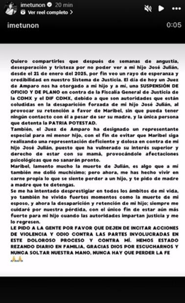 Este es el comunicado de Imelda lanzó en las redes sociales. Foto: Instagram.