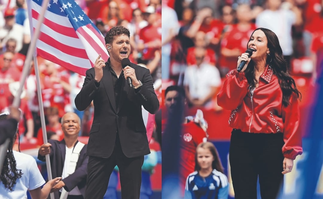 Michael Bublé calentó los ánimos al interpretar “Bring it on home to me” y Alanis Morissette emocionó al interpretar el Himno de Canadá. Foto: AP y EFE