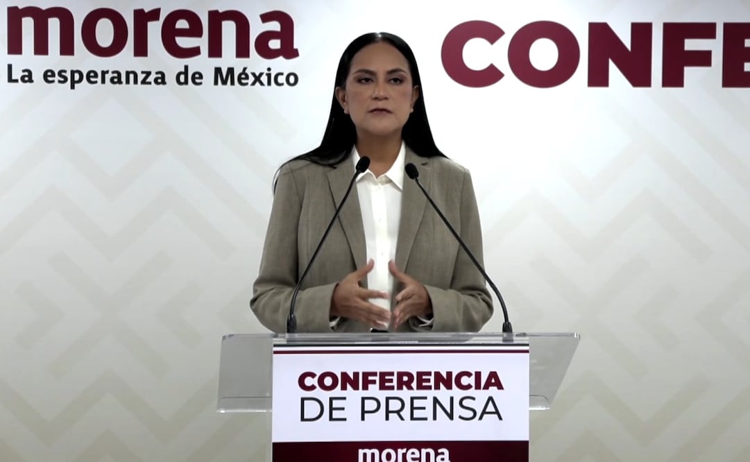 La presidenta nacional de Morena, Ariadna Montiel Reyes, en conferencia de prensa este martes 26 de mayo de 2026. Foto: Captura