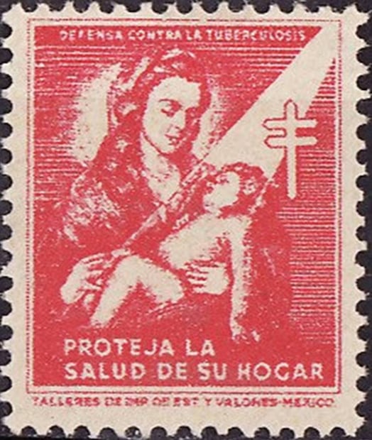 Primer timbre antituberculoso mexicano, con una versión de “Adoración de los Pastores”. En junio de 1944, el comité advirtió sobre estafas a domicilio, pues había individuos que visitaban las casas para colectar donativos o pago de timbres, sin autorización del CNLT. Foto: ESPECIAL/Tomada de William J. Kozersky Philatelist.