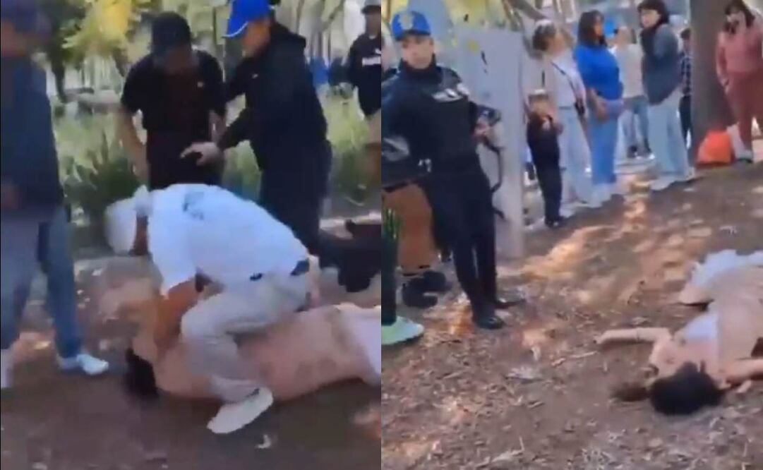 En redes sociales circuló un video en que una mujer es golpeada por dos hombres en la Alameda Central frente a autoridades / Captura de pantalla