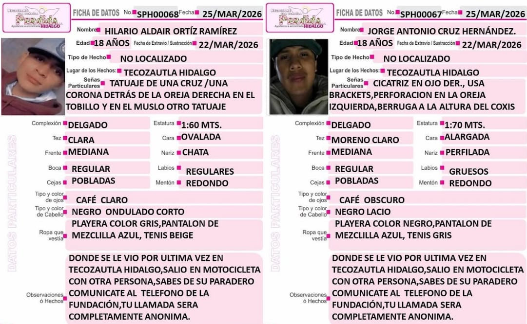 Emiten fichas de búsqueda de dos jóvenes que desaparecieron en Tecozautla, Hidalgo; hallan calcinada la moto en que viajaban.
Foto: Especial.