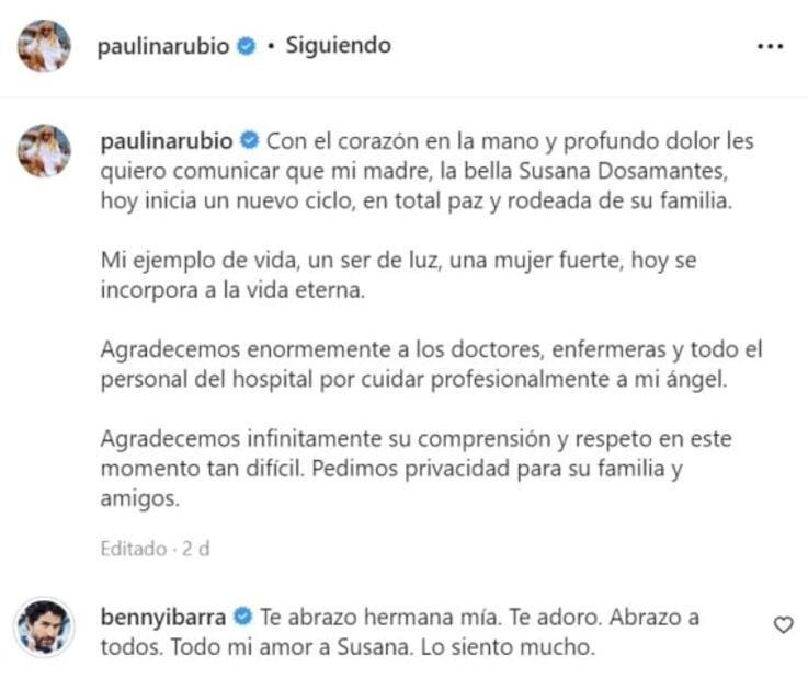 Benny Ibarra manda pésame a Paulina Rubio y recuerda momentos con Susana Dosamantes
