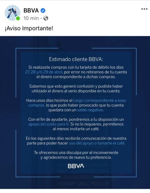 BBVA busca enmendar "error de depósito gratis" regalando café