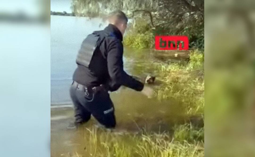 Un oficial ucraniano rescató a un perrito que quedó atrapado tras el ataque a la presa de Kajovka. Foto: Captura