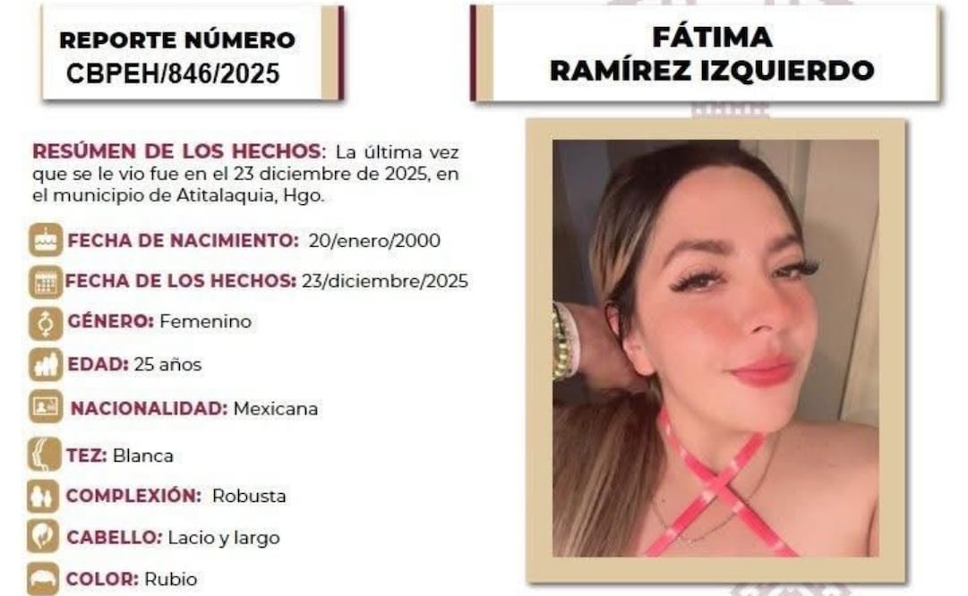 Hallan sin vida a joven desaparecida 3en Hidalgo (28/12/2025). Foto: Especial