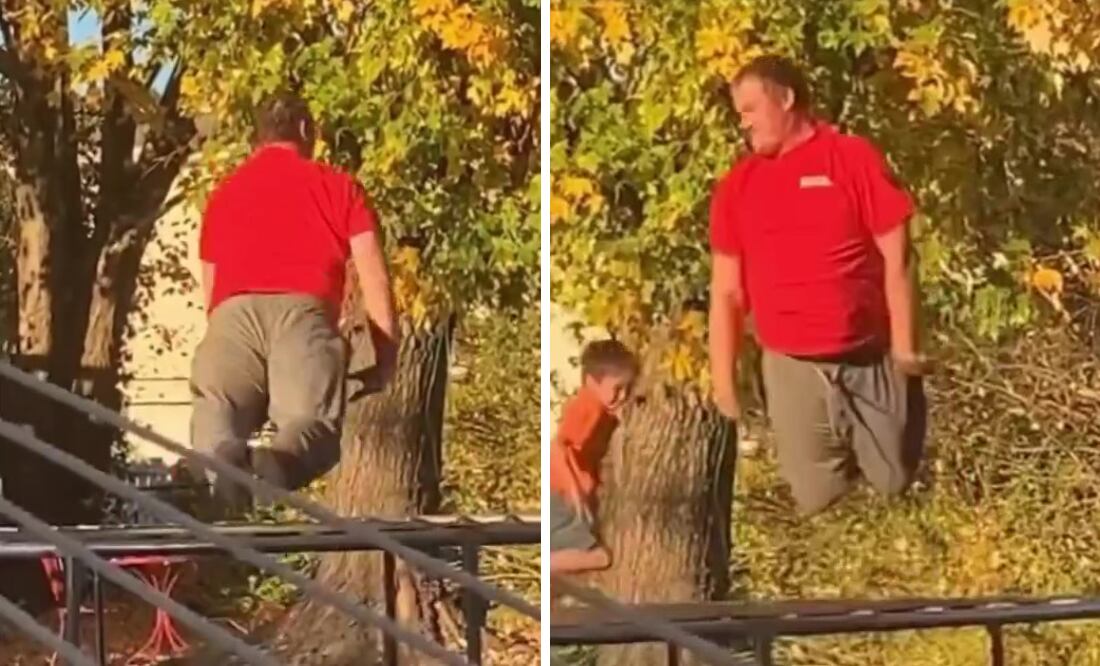 Un hombre se divirtió con sus hijos en un trampolín. Fuente: Captura de video