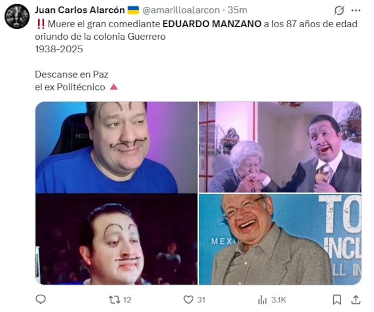 Muere Eduardo Manzano: usuarios despiden al actor con las mejores frases e imágenes. Fuente: X
