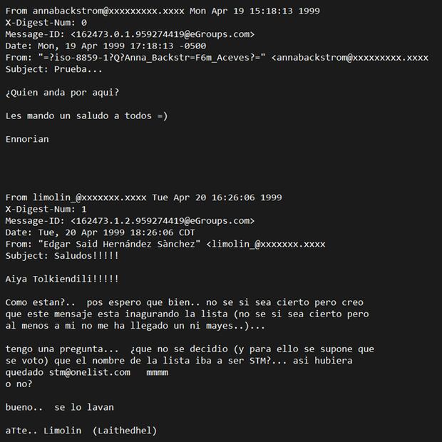 Testigo de las interacciones digitales en que la STMAC fue pionera, estas capturas de pantalla muestran los correos electrónicos con que hacían contacto en 1999. Foto: Sociedad Tolkiendili de México A.C.