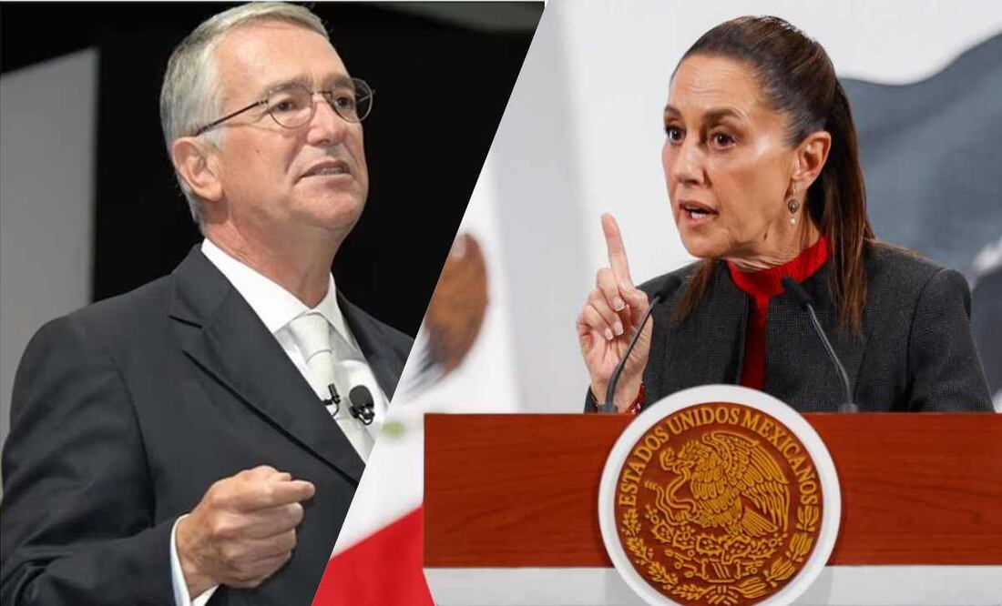 Claudia Sheinbaum, presidenta de México, durante la mañanera del 10 de julio del 2025 y Ricardo Salinas Pliego. Fotos: Diego Simón / EL UNIVERSALy captura de pantalla.