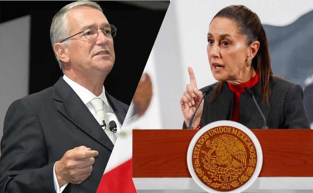 Claudia Sheinbaum, presidenta de México, durante la mañanera del 10 de julio del 2025 y Ricardo Salinas Pliego. Fotos: Diego Simón / EL UNIVERSALy captura de pantalla.