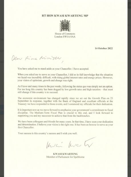 Destituye Truss a ministro de Finanzas británico en plena tormenta política