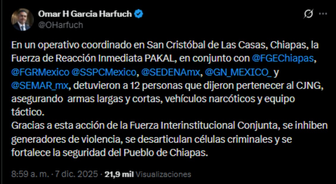 Omar García Harfuch, titular de la SSPC, anuncia detenciones y aseguramientos en operativos. Foto: Captura de pantalla de la cuenta de X de @OHarfuch
