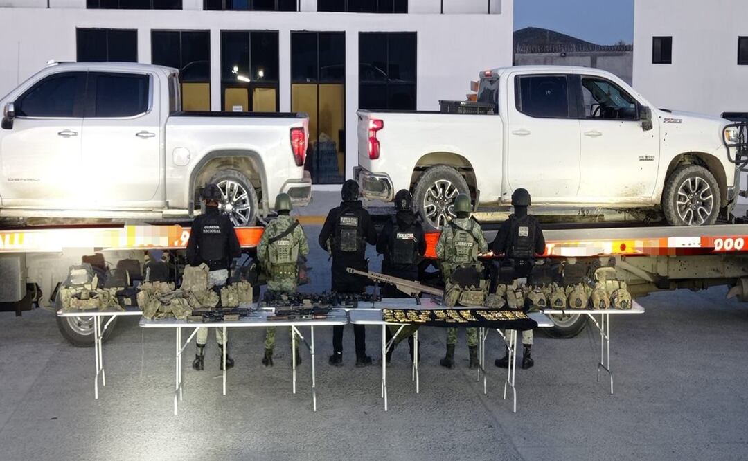 Enfrentamiento en Bustamante, Nuevo León, deja decomiso de armas y vehículos; Operativo Muralla en marcha. Foto: Especial