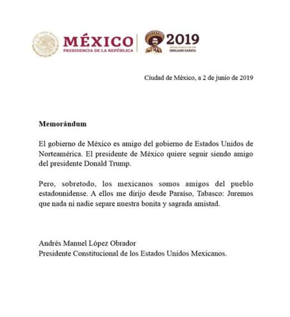 Qué dice el memorándum que AMLO envió al pueblo de EU