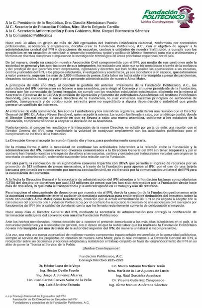 Comunicado del fin del convenio entre el Instituto Politécnico Nacional (IPN) y Fundación Politécnico A.C. Foto: Facebook @FundacionPolitecnicoAC