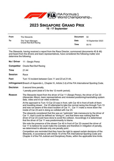 Penalización para Checo Pérez