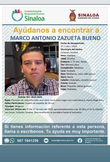Ficha de búsqueda de Marco Antonio Zazueta Bueno, desaparecido en Sinaloa