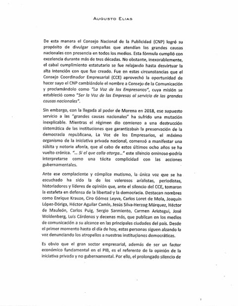Carta de Augusto Elías y Paullada al presidente del Consejo Coordinador Empresarial (CCE), José Medina Mora. Foto: Captura de pantalla / Cortesía
