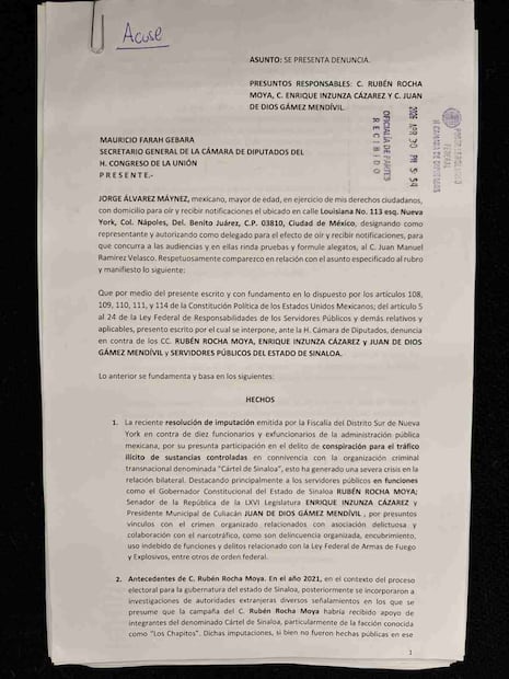 Petición de desafuero contra los funcionarios públicos de Sinaloa acusados por el gobierno de Estados Unidos de narcotráfico. Foto: X @AlvarezMaynez