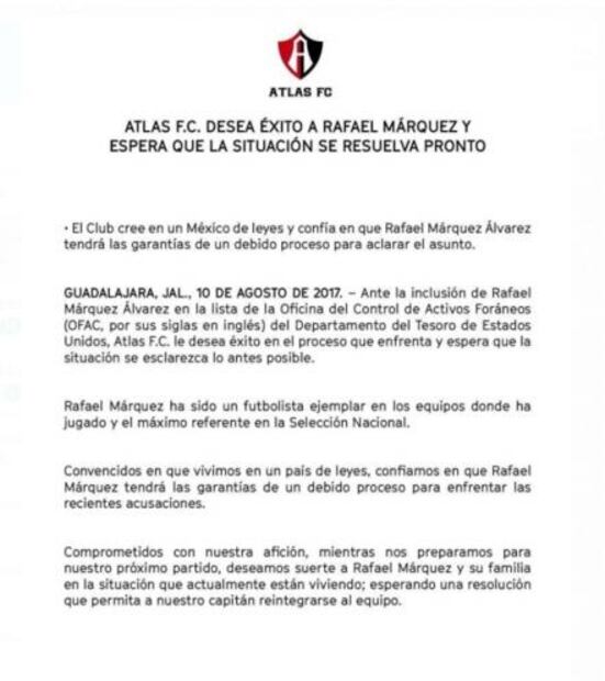 Atlas desea éxito a Rafa Márquez y su pronta reincorporación al equipo