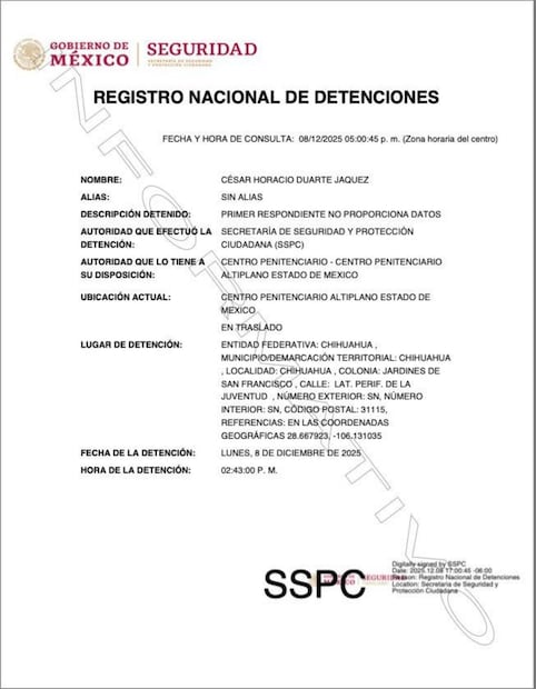 César Duarte Jáquez, exgobernador de Chihuahua, aparece en el Registro Nacional de Detenciones. Foto: Especial