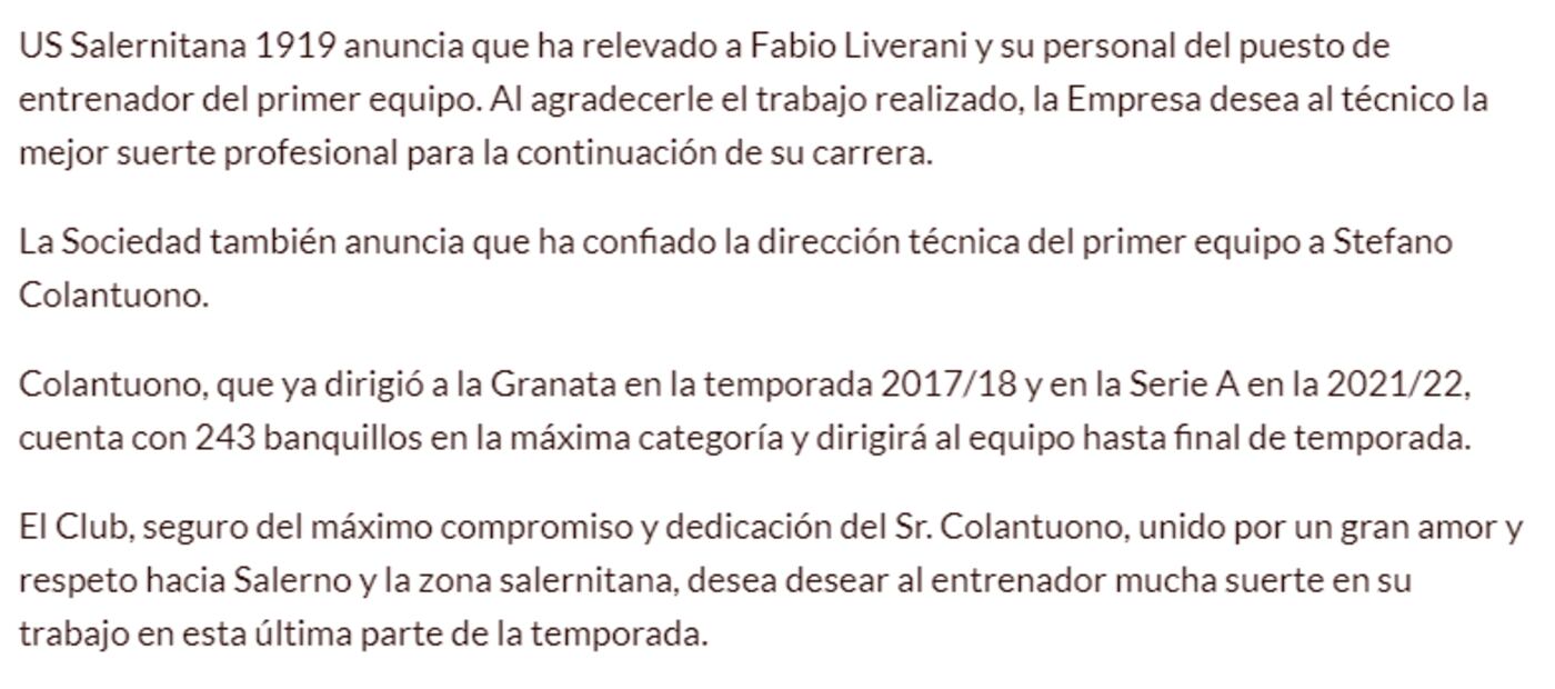 Comunicado de la Salernitana sobre su nuevo DT