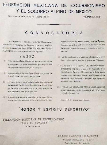 Convocatoria para Reina del Excursionismo Mexicano, 1952. A pesar de ser un beneficio para todos tener un buen Socorro Alpino, algunos clubes negaron su apoyo y organizaron reuniones para boicotear la recaudación de fondos y eventos de las reinas, según denunció EL UNIVERSAL. Foto: ESPECIAL/Cortesía Enrique Chávez Poupard.