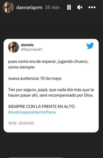 Con este mensaje, Daniela Parra se mostró insatisfecha con el proceso que ha llevado su padre, Héctor Parra, y que hasta hoy lo mantiene en prisión. Foto: Instagram