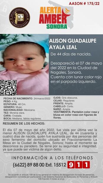 Buscan a Alison, bebé de 44 días de nacida, sustraída de su domicilio en Nogales